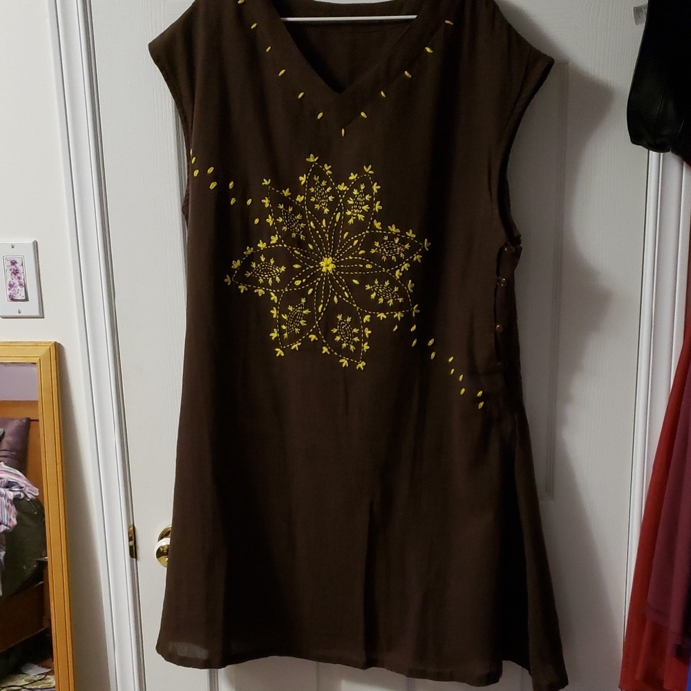 Brown Sleeveless Top with Yellow Embroidery